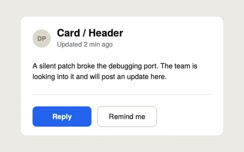 A card with a title, a timestamp, a line of text, and a blue Reply button.